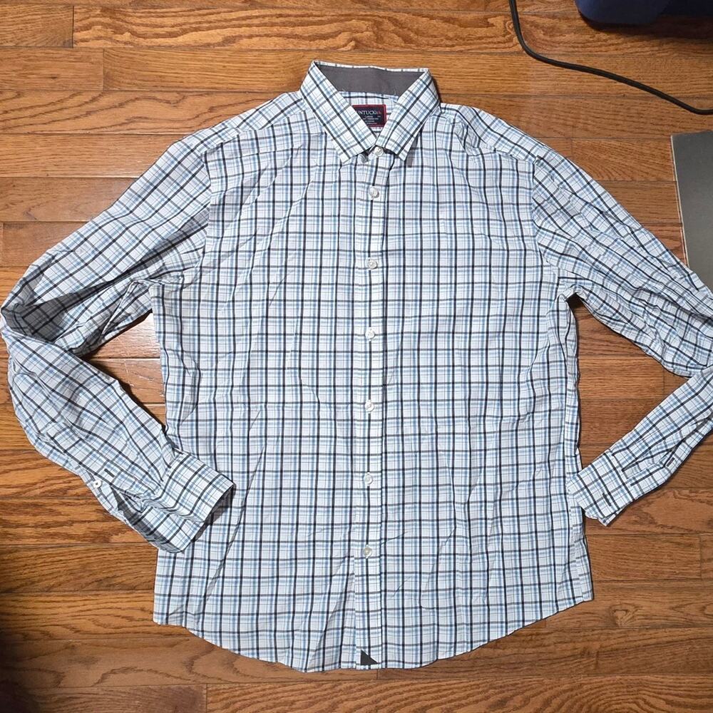 Untuckit mens dress shirt Penley white plaid slim fit wrinkle free cotton L